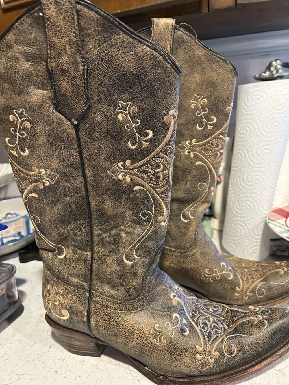 Circle G Brown Distressed Western Heeled Boots with Cream Embroidery